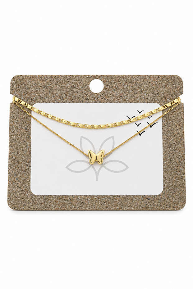 Women's Butterfly Detailed 2-Piece Yellow Brass Chain Bracelet Combination