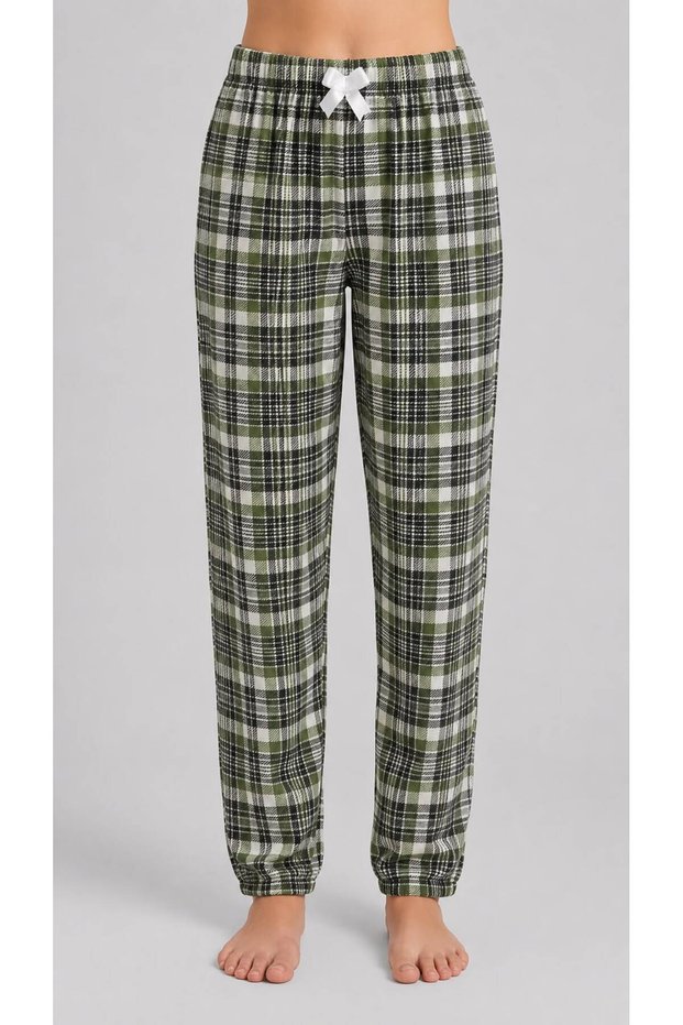 Women's Plaid Pajama Bottoms with Elastic Waist Ribbon Detail and Comfortable Cut