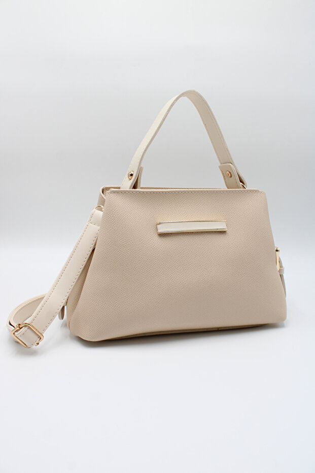 Women's Cream Crossbody Hand and Shoulder Bag with Internal Pocket, Front Accessory and Belt Detail