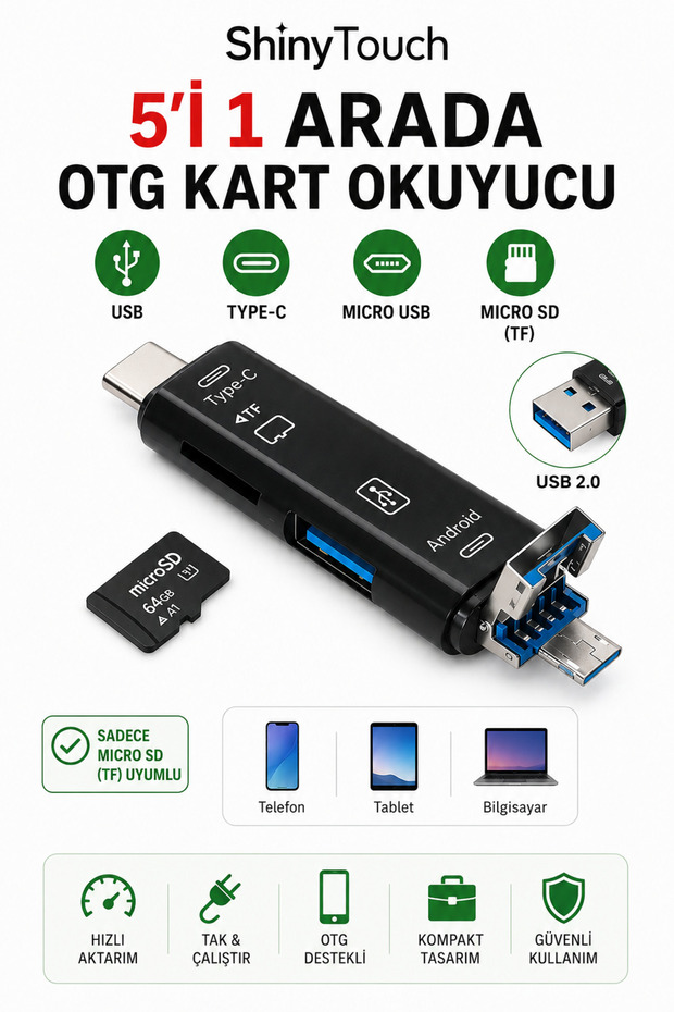 قارئ بطاقات OTG 5 في 1 - USB، Type-C، Micro USB، Micro SD (جميع موديلات أندرويد وآيفون 15 وما فوق) - 2