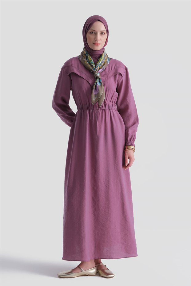 Aller Detailed Elastic Waist Dress Burgundy