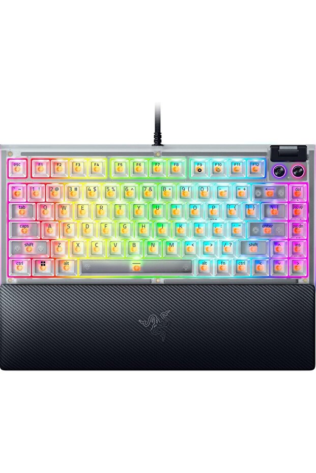 لوحة مفاتيح الألعاب BlackWidow V4 75% بتصميم قابل للتبديل السريع، مدمجة ومتينة، مع مفاتيح لمسية برتقالية، إضاءة RGB كروما، بكرة متعددة الوظائف، مفاتيح وسائط متعددة، مسند معصم مريح، لون أبيض فانتوم