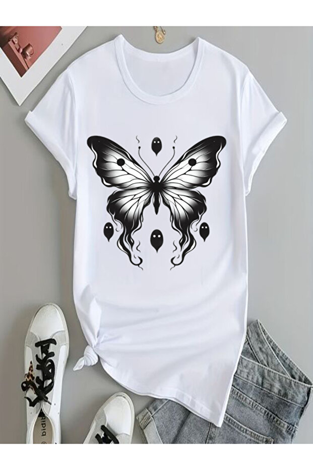 Black Butterfly Printed White Oversize T-Shirt