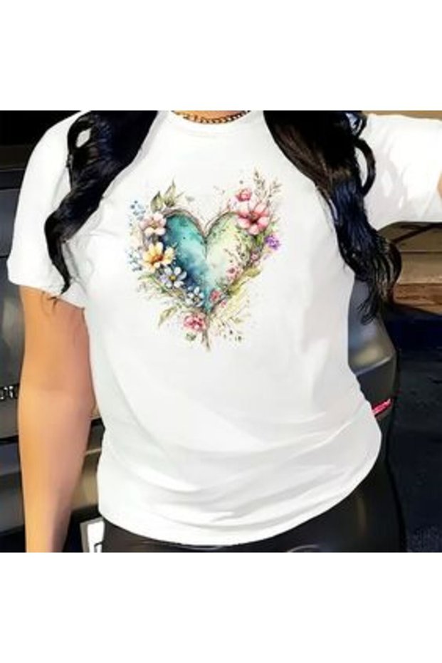 Floral Patterned Heart Printed White T-Shirt