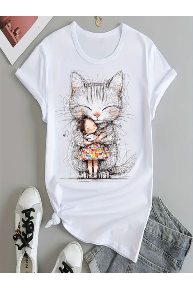 Cute Cat and Girl Printed White T-Shirt