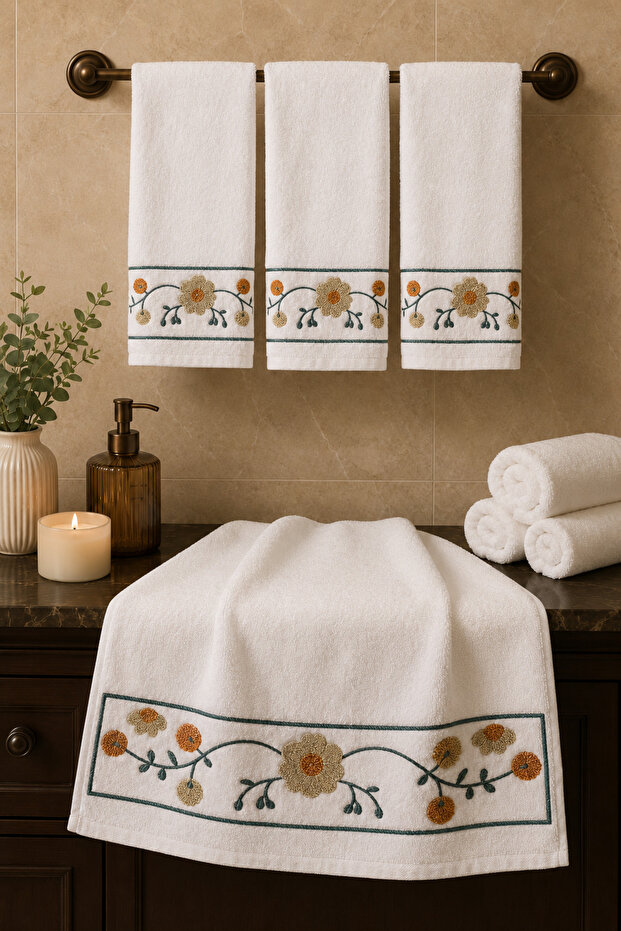 Punch Panc Embroidered Gift Dowry Box Decorative 100% Cotton Towel - Towel Set 50X90 cm 4 Pieces