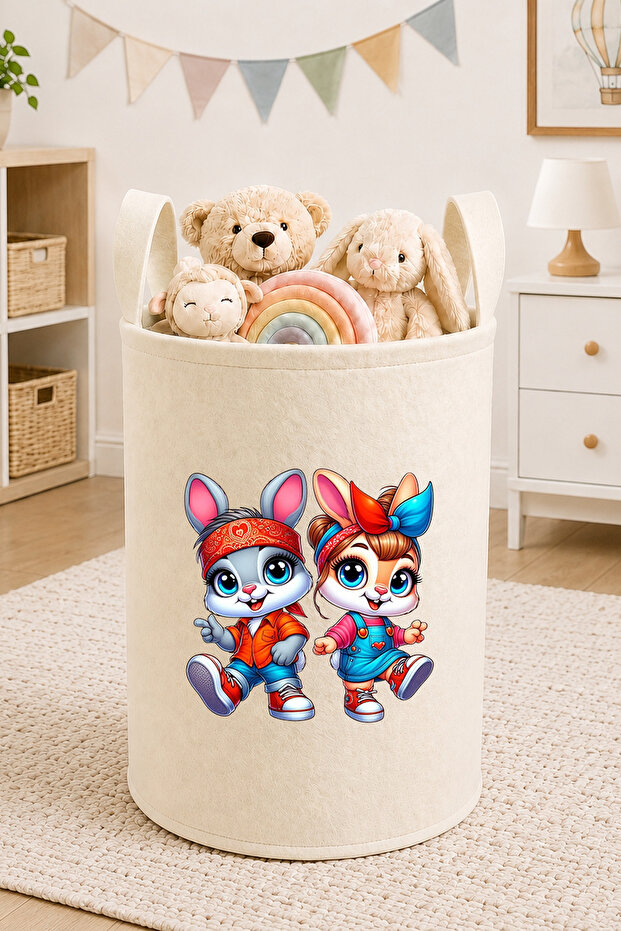 Double Rabbit Printed Toy Basket 50X40 cm Baby and Children's Room Cream Felt Organizer Basket