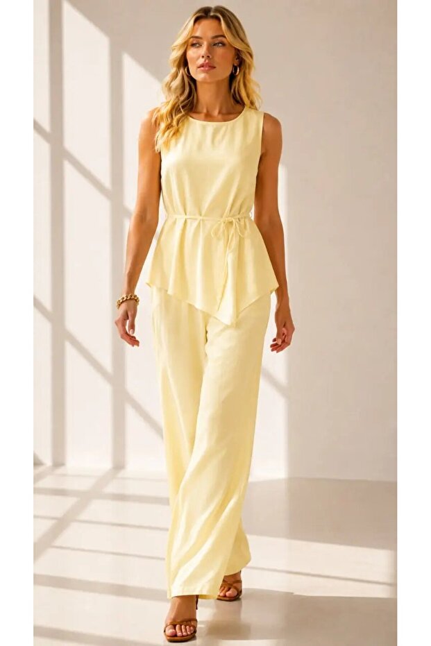Women's Thick Strap Asymmetrical Long Blouse Trousers Crinkle Fabric Two-Piece Set 26083