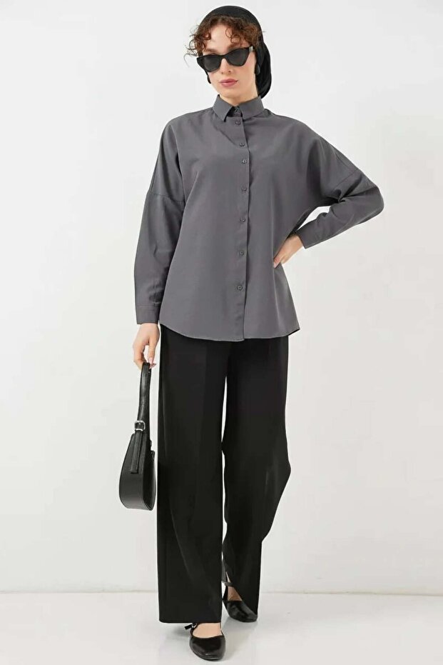 Women's Oversize Basic Cotton Gray Hijab Shirt