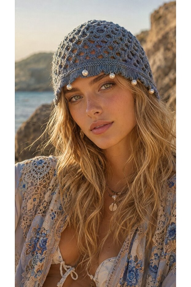 Petrol Blue Hand Knitted Pearl Bead Detailed Mesh Hat Beanie