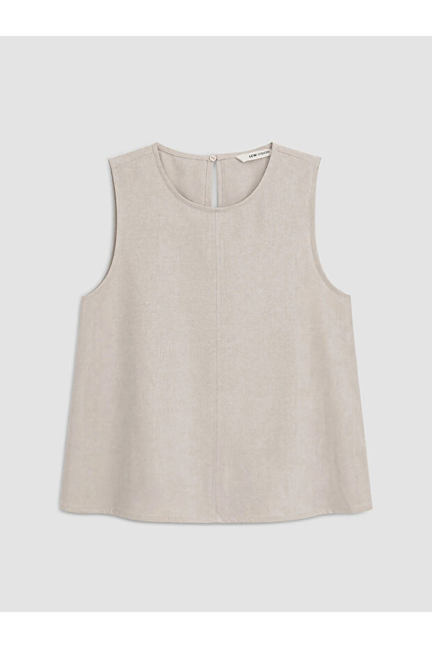 Beige Crew Neck Linen Blend Blouse