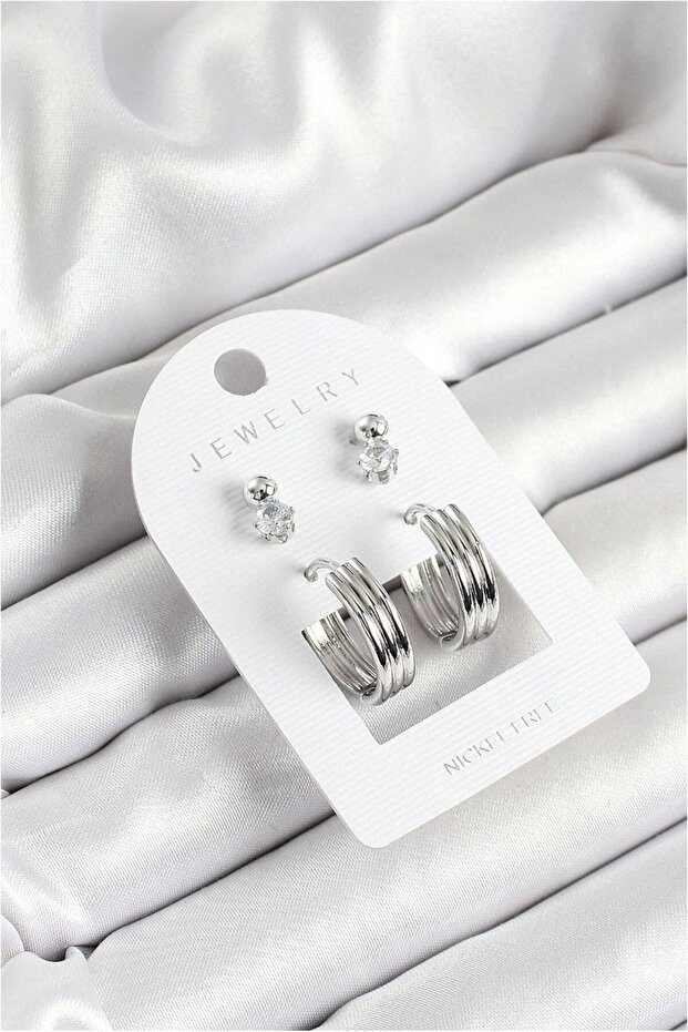 Silver Color 3-Piece Double Women's Earring Set with Brass Zircon Stone and Ring Figure