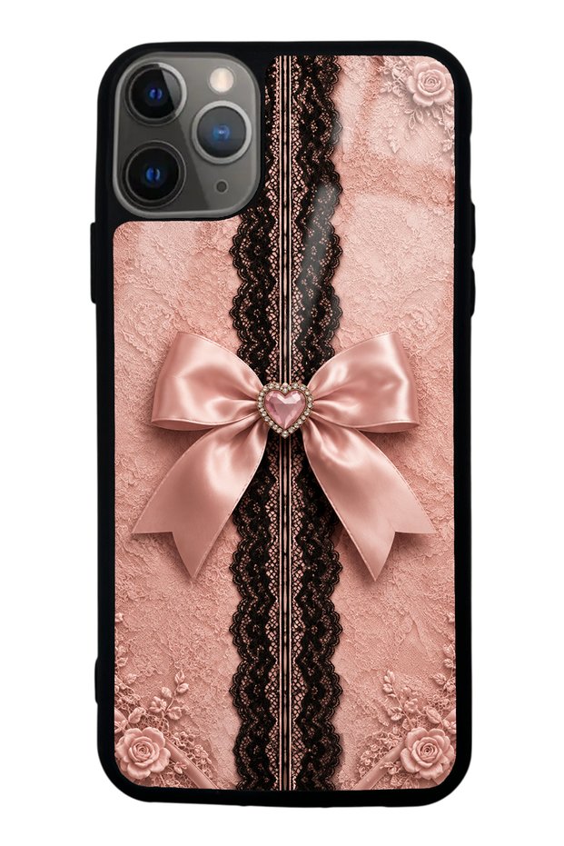 iPhone 11 Pro Max Glossy Phone Case with Pink Lace Bow Design