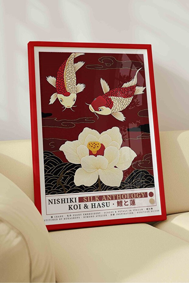 Koi Fish Lotus Flower Painting Red – Nishiki Embroidery Art Poster – Red Framed