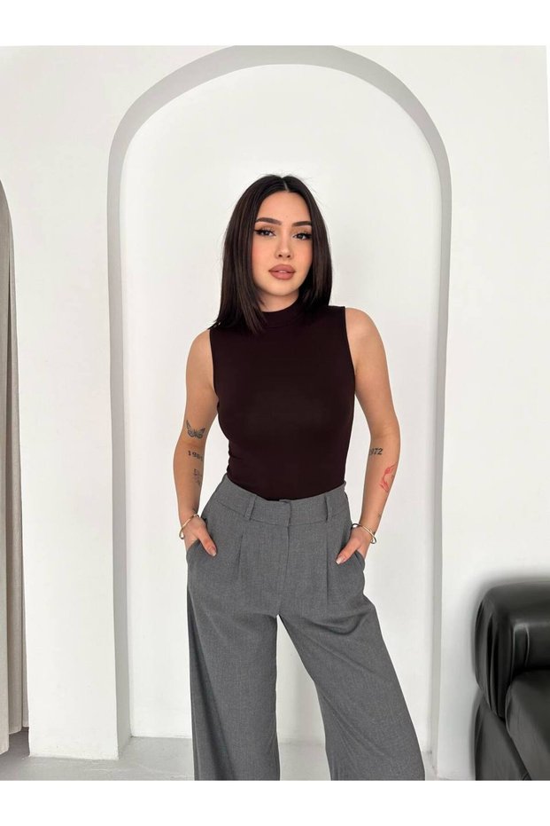 Women's Brown Turtleneck Stretchy Lycra Fabric Zero Sleeve Body Blouse
