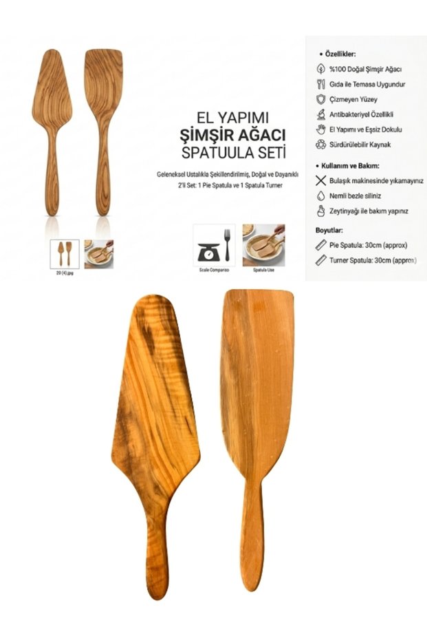 100% Natural Boxwood Handmade Spatula Set – 2-Piece Serving and Food Preparation Utensils