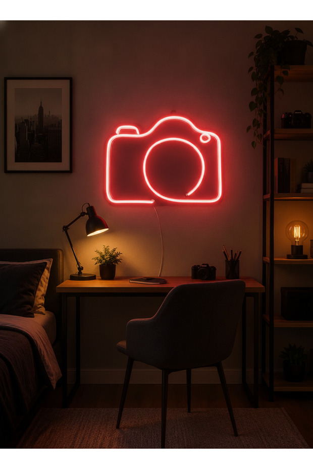 Kamera Figürlü LED Neon Tablo | Kırmızı Aydınlatmalı Dekor | Fotoğrafçı Hediyesi - 1