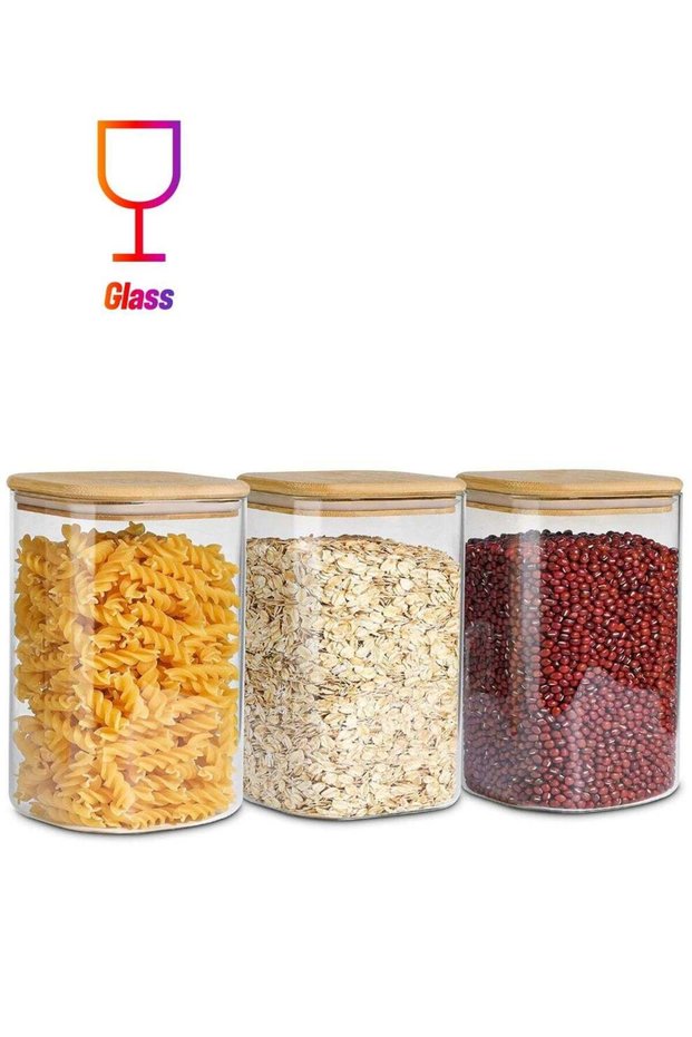 3-Piece Set of Square Glass Storage Jars with Wooden Lids, 1100ML/37OZ Airtight Food Containers