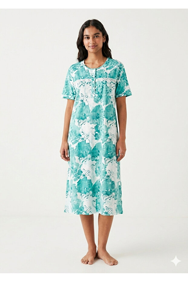 Short Nightgown 100% Cotton with Floral Print