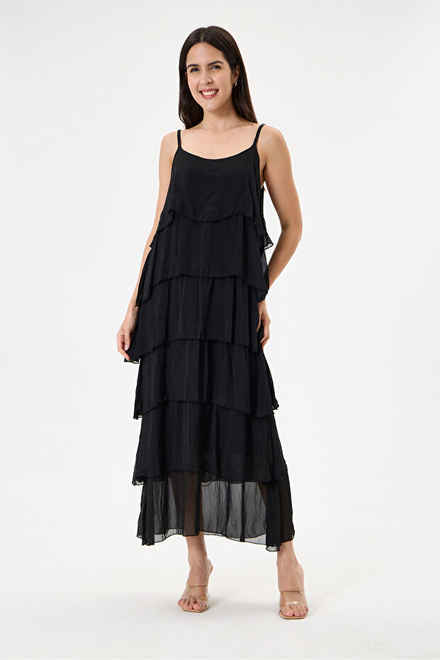 Black Italian Layered Adjustable Strap Lined Long Silk Dress 38 - 44 Size