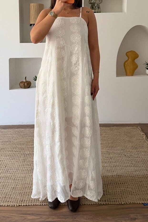 White Embroidered Strappy Long Dress 3437