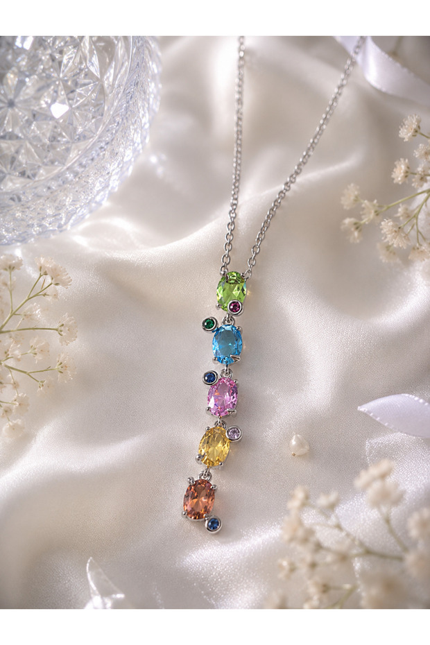 Prisma Colorful Stone Y Necklace (Silver Color)