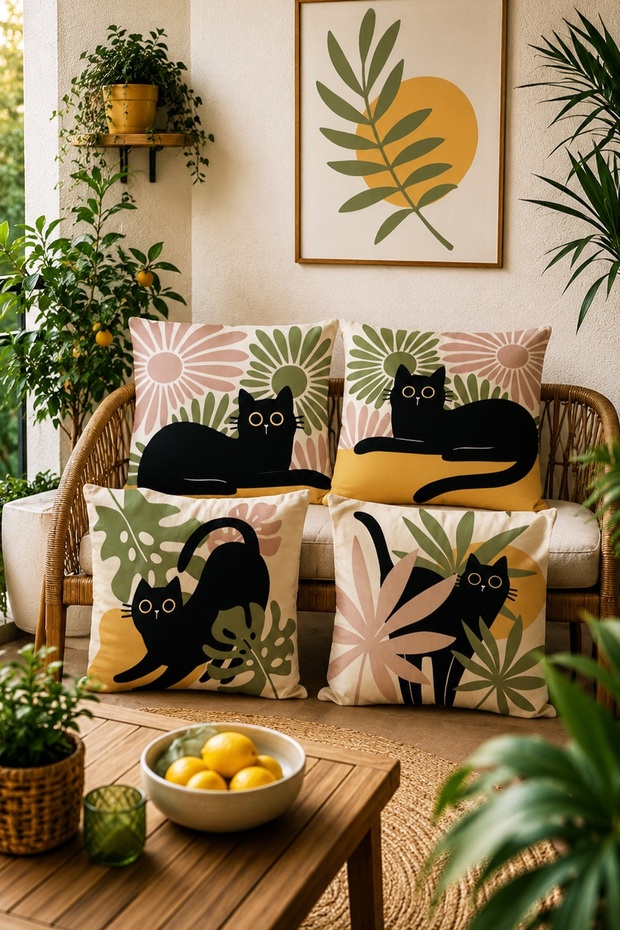 Floral Cat Patterned 4-Piece Throw Pillow Cover Set