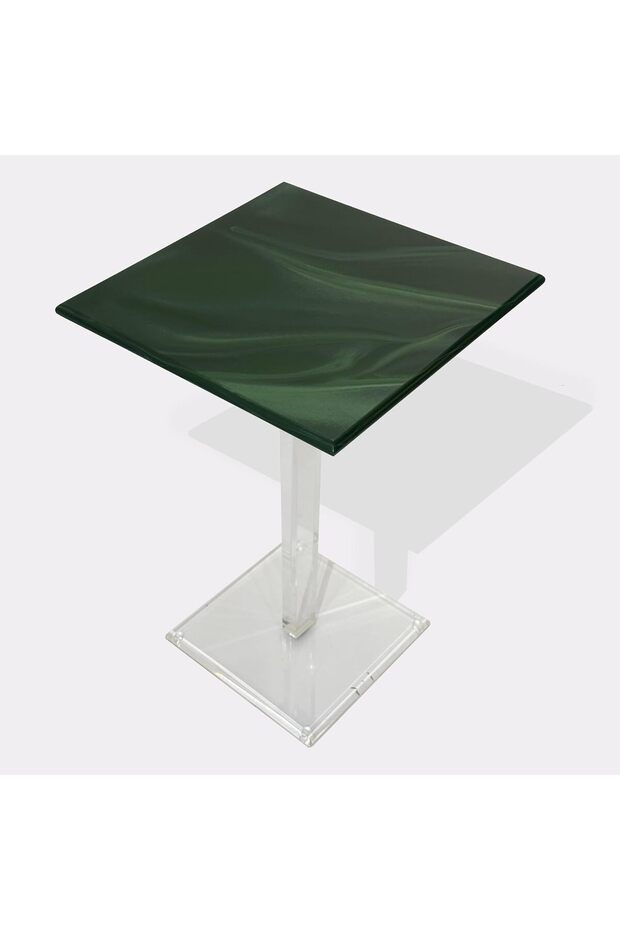 ® Modern Square Marble Table with Acrylic Pedestal Base - Emerald Green Finish, 36x36x54 cm, 10mm Thick, ET026