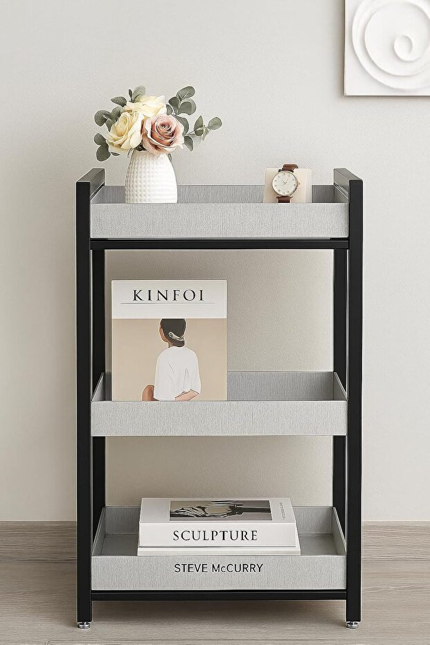 Modern 3-Tier Storage Cart with Wheels – Black Metal Frame & White Leather Finish, Multi-Purpose Organizer for Home & Office (53L x 53W x 87H cm),QT031