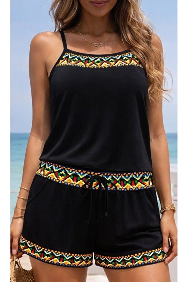 Women's Rope Strap Ethnic Pattern Detailed Short Viscose Blouse and Shorts Two-Piece Set