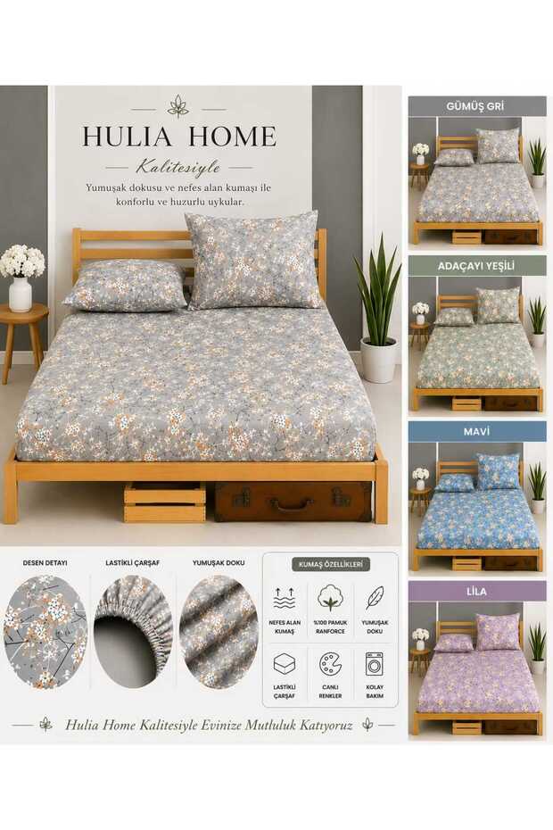 Ranforce Elastic Fitted Sheet Set Double Size with Pillowcase Cotton Fitted Spring Flower Pattern Soft Texture and Comfortable