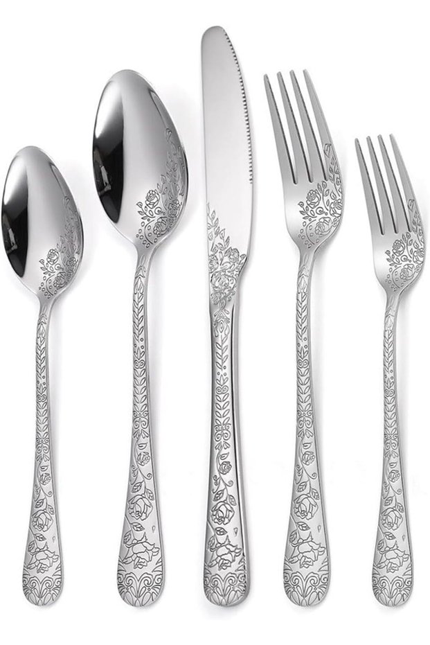 20 Pcs Vintage Carved Floral Silverware Set for 4, Stainless Steel, Dishwasher Safe