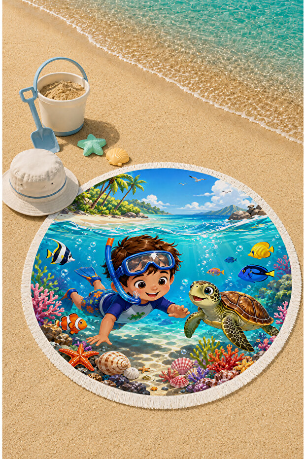 Deep Sea Exploration 150 cm Round Children's Beach Towel with Diving and Underwater Theme