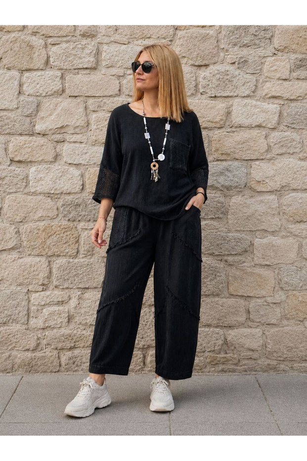 Women's Linen Cotton Fabric Mesh Pocket Trukavar Sleeve Blouse and Mesh Detailed Tasseled Trousers 2-Piece Combination with Surprise Bracelet Gift