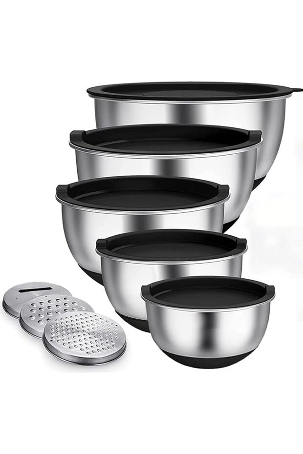 Mixing Bowls Set of 5, Stainless Steel Nesting Bowls with Airtight Lids, 3 Grater Attachment