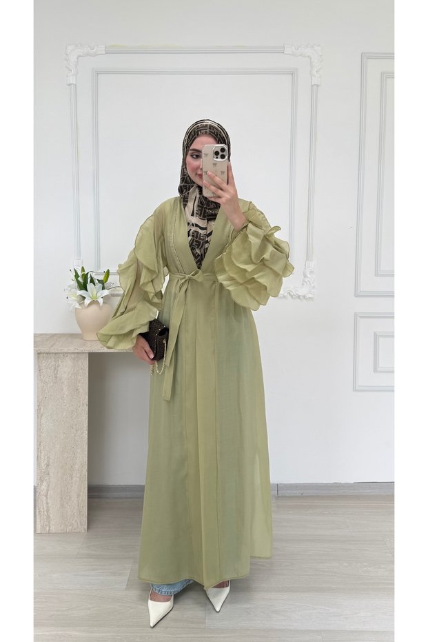 Molly Nelly Women's Voile Sleeve Detailed Long Tunic Overcoat Cap