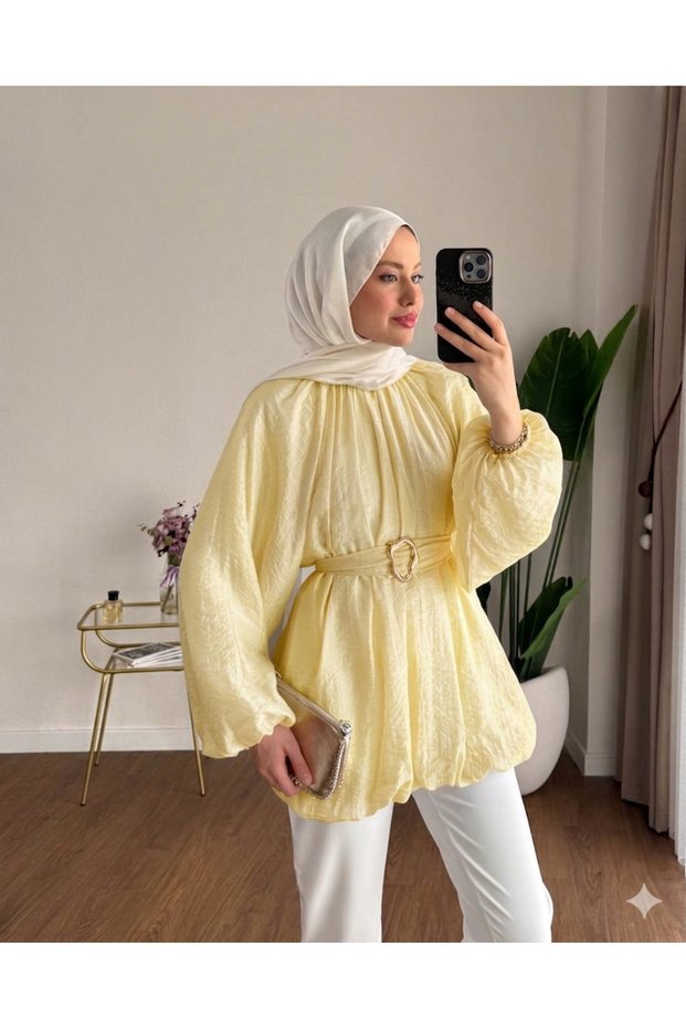 Women's Balloon Sleeve Bubble Belted Tunic - Yellow