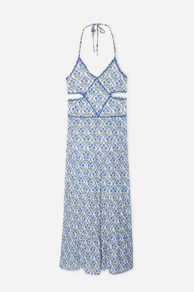Women's Blue Floral Patterned Sleeveless Long Dress