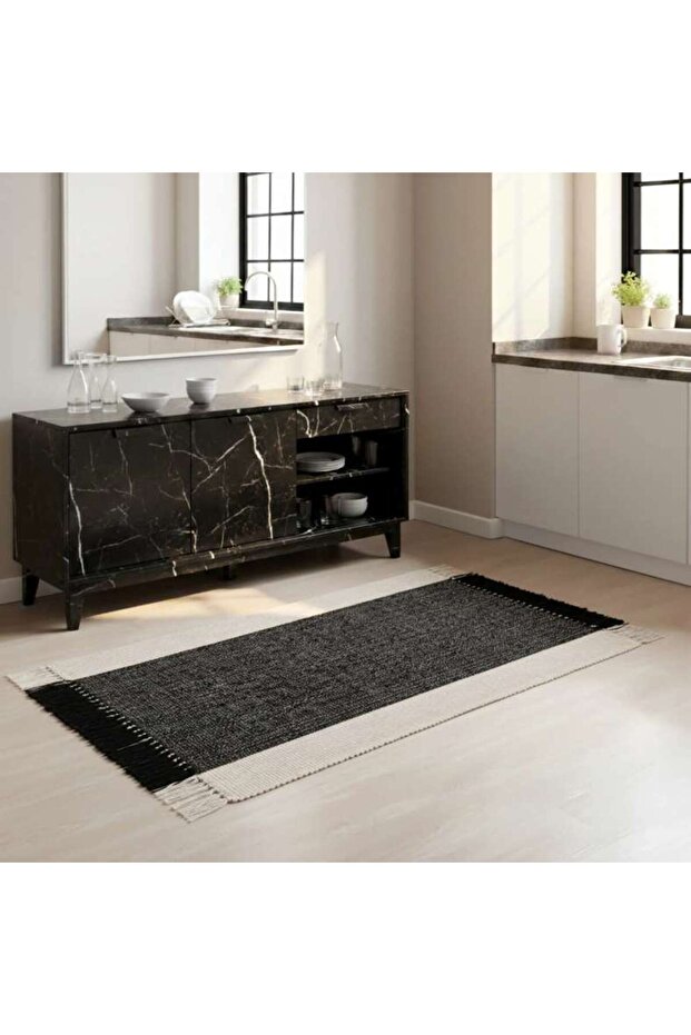 Skype Recycle Dhurrie With Fringe 60x90cm - Black
