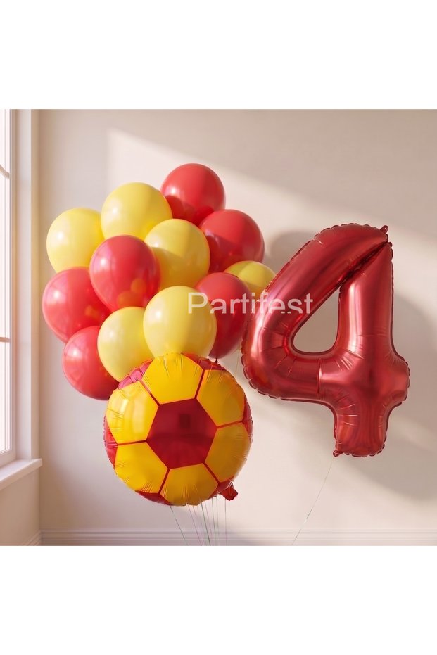 Yellow Red Fan Concept Birthday Set - Number Foil Balloon and Soccer Ball Balloon Garland