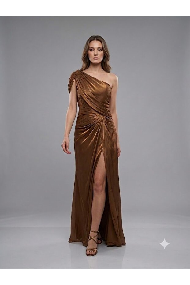 One-Shoulder Satin Look Draped Detailed Slit Evening Dress 10563
