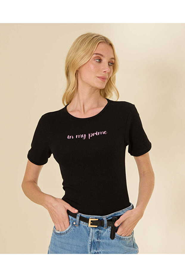 Women Black Placement Print T Shirt