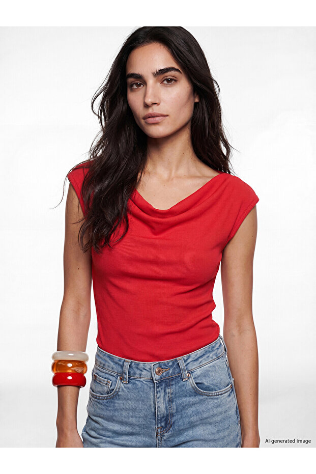 Lcw Vision Red Boat Neck Women's Ribbed T-Shirt