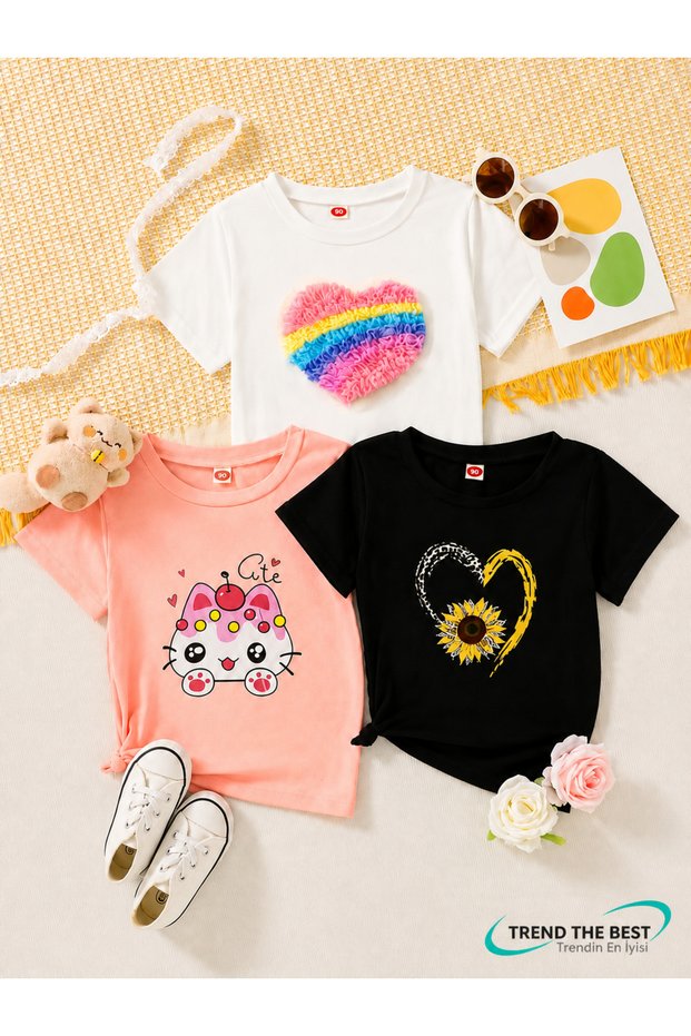 Summer Rainbow Heart, Daisy Heart, Hello Kity Printed Girls' Black, White, Pink Colors 3-Piece T-Shirt Set