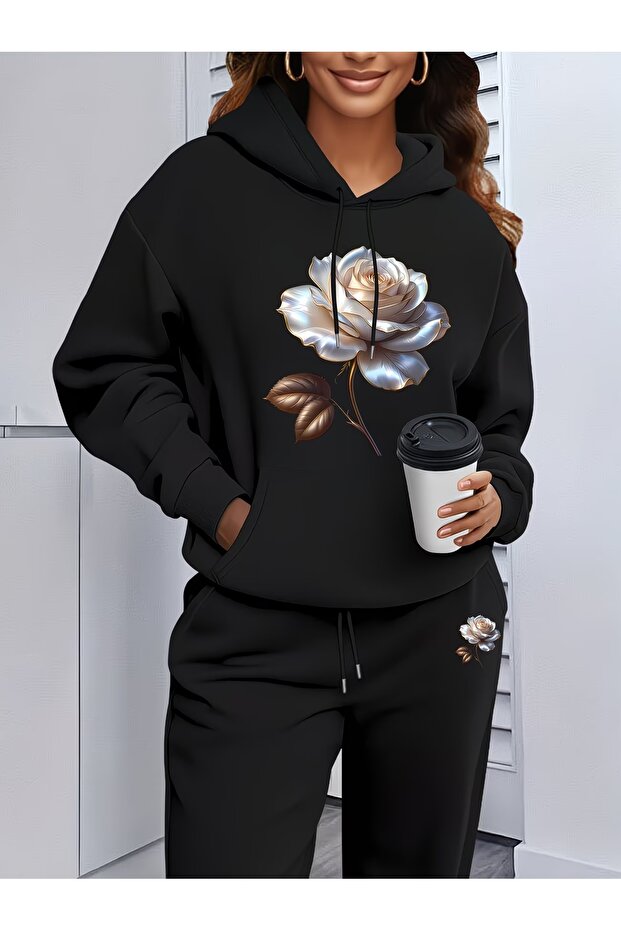 Women's Rose Rose Printed Oversize Hooded Tracksuit Set Loose Fit