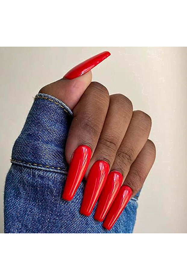 Red 24pcs French Press Red Long Coffin Nail False Nails Reusable Acrylic Nails Full Coverage Acrylic