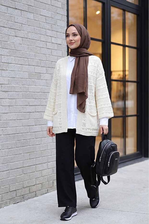 Double Pocket Openwork Spanish Sleeve Knitwear Cardigan -Cream
