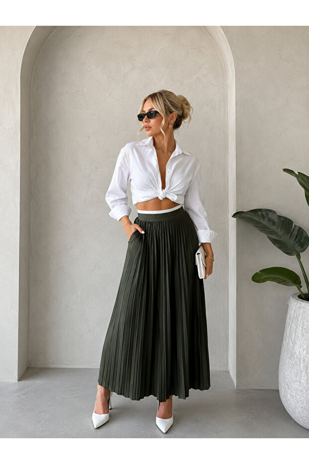 Olive Grace Khaki Pleated Long Skirt