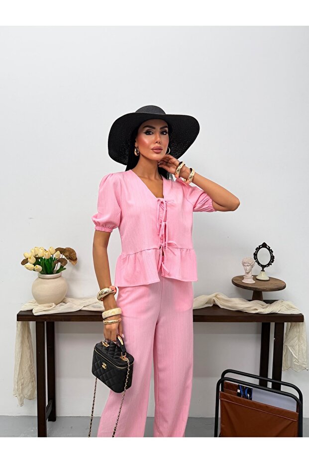 Drawstring Tie-Back Blouse and Pants Set