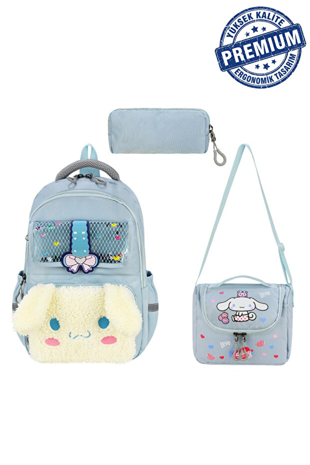 Ultra-Luxury Plush Girls' Premium Primary School Bag with Back Support, Thermal Lunch Box and Pen Holder